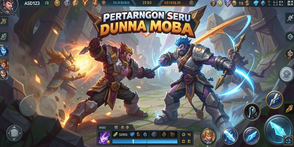 Tangkapan layar gameplay seru dari ASD123 di arena MOBA.