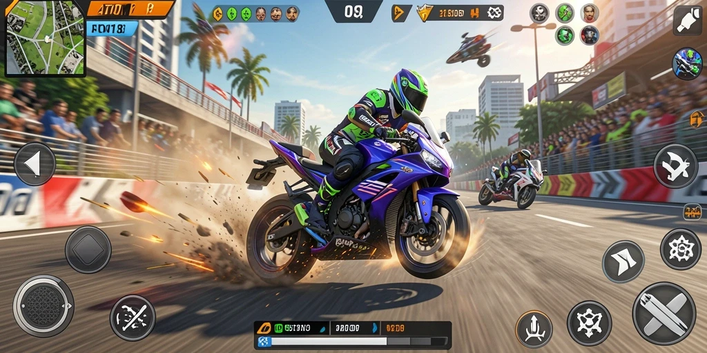 Tampilan permainan balapan motor yang penuh aksi dan kecepatan.