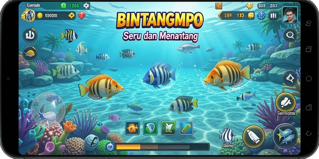 Gameplay BINTANGMPO menampilkan aksi seru menembak ikan di lautan.