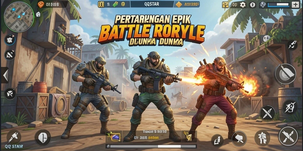 Tangkapan layar gameplay QQSTAR menunjukkan aksi seru dalam pertempuran Battle Royale.