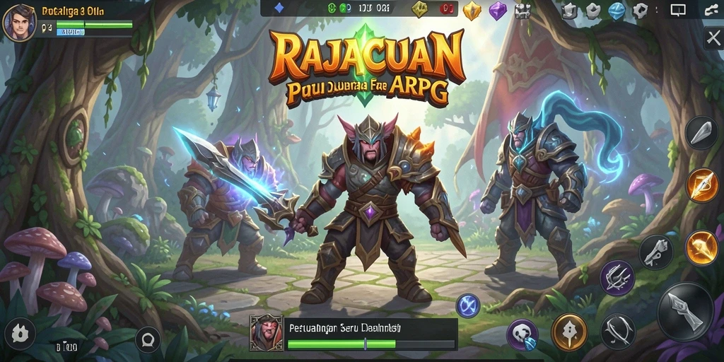 Screenshot RAJACUAN menampilkan pertarungan epik di dunia fantasi.