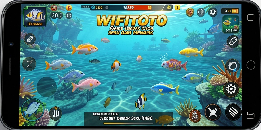 Tampilan gameplay WIFITOTO saat menangkap ikan dengan berbagai senjata.